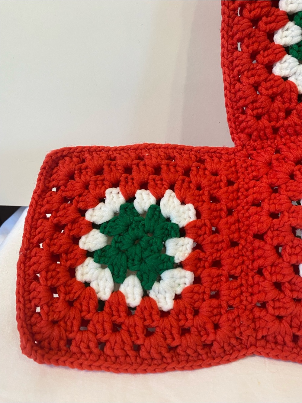 Handmade Vintage Granny Square Christmas Stocking Red White Green Heirloom Chic - Picture 2 of 5